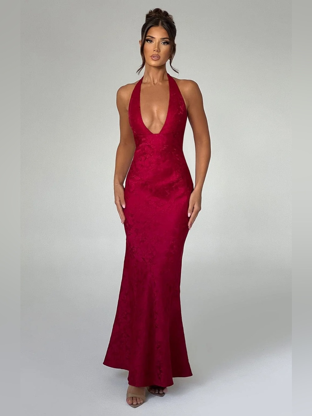 Halter Deep-V Burgundy Evening Gown